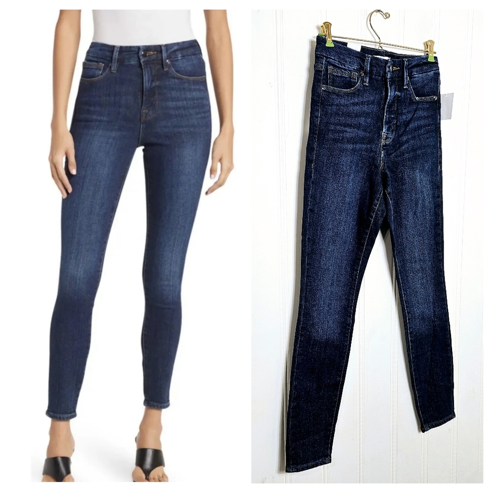 NWT Good American Jeans 2/26 Good Waist High Rise Skinny Chewed Pocket Blue Deni